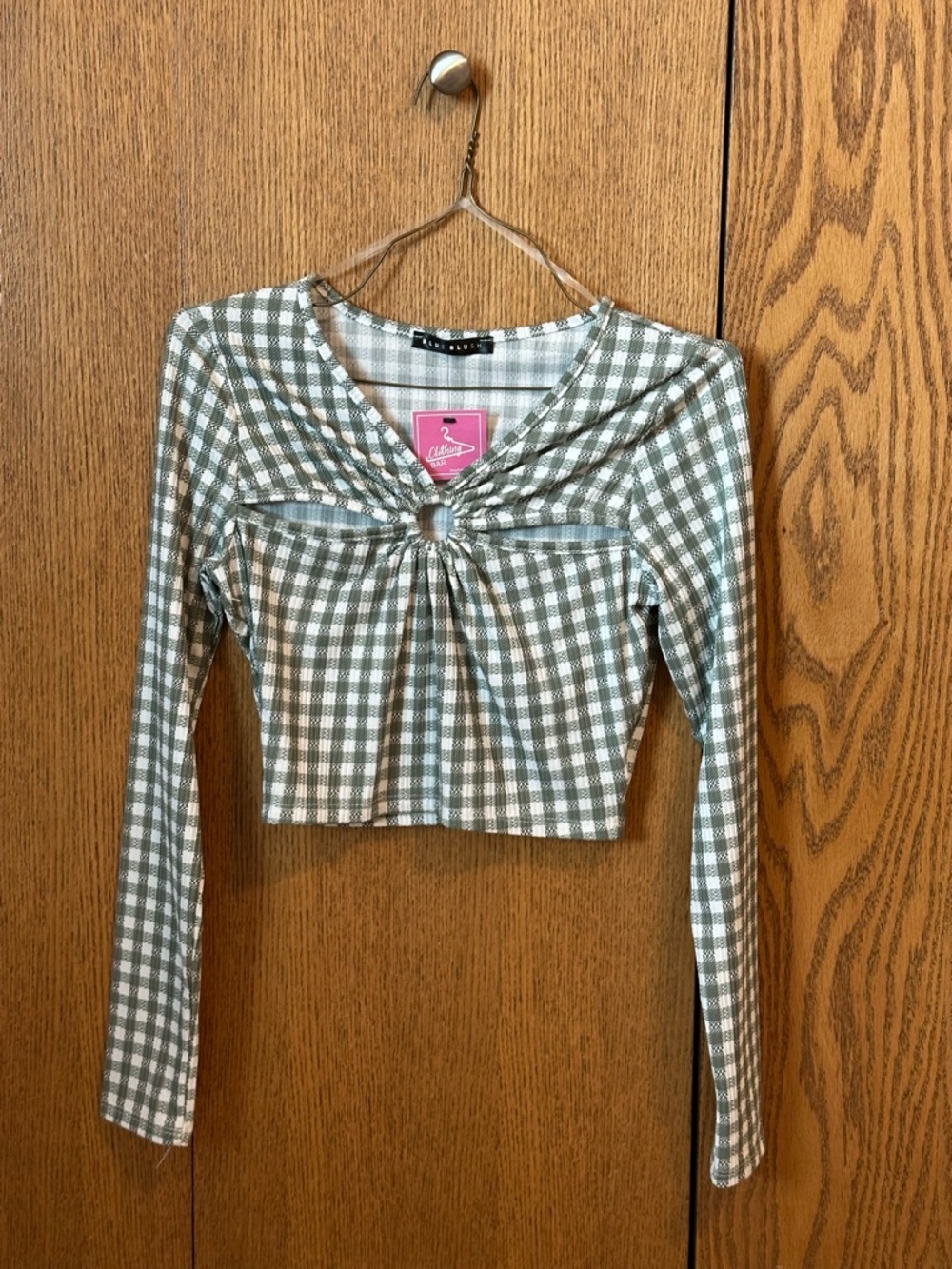 Blue Blush Olive Gingham Tie-Ring Crop Top